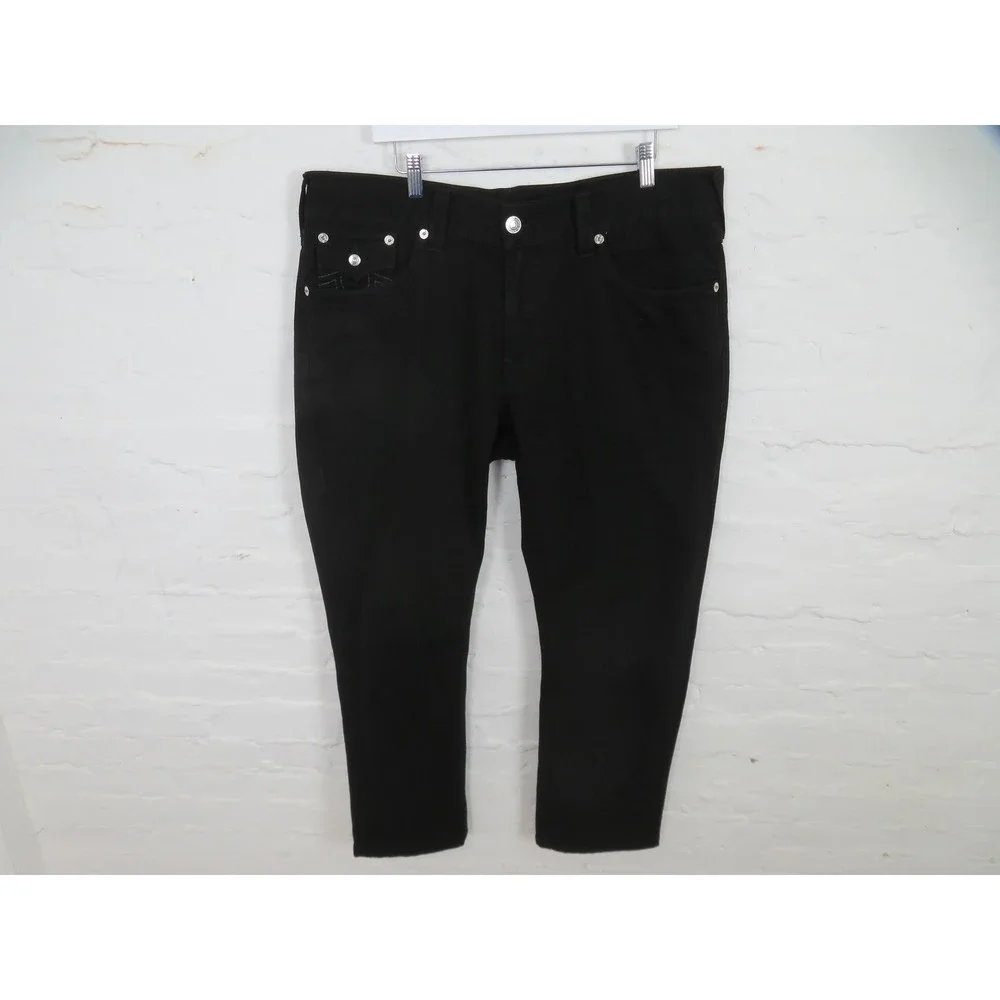 True Religion Straight Jeans Mens 38x30 Black Flap Pockets Logo Denim Casual